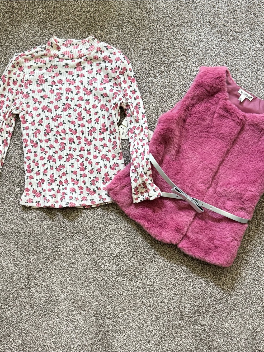 Girls Purple Faux-Fur Vest & Floral Long-Sleeve Top Set